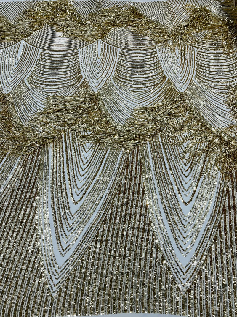 Fringe Sequins Design - Gold - Fringe Design Embroidered on a  4 Way Stretch Lace Mesh (Pick A Size)