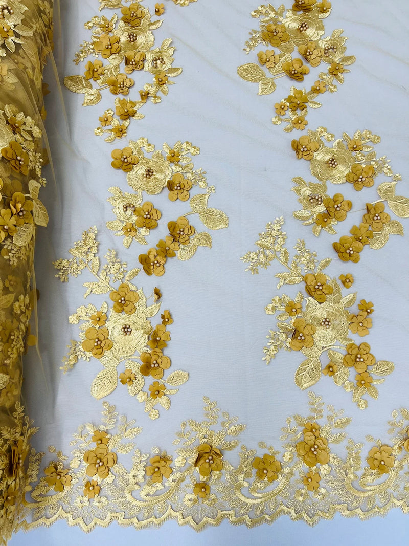 3D Rose Plant Fabric - Gold - Embroidered Flower Design Rose Fabric Sold by Yard
