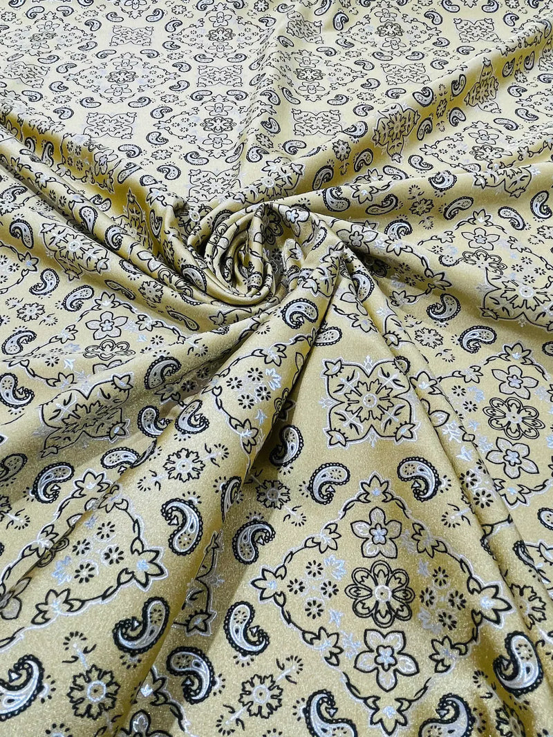 Bandana Spandex Print Fabrics - Gold - Bandana Design Stretch Spandex Fabric By Yard