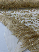 Sea Plant Beaded Fabric - Gold - Beaded Embroidered Sea Plant Design Fabric by Yar