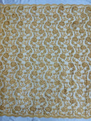 Floral Embroidered Lace - Gold - Floral Corded Lace With Sequins Sold By Yard