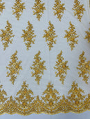 Fancy Border Cluster Fabric - Gold - Embroidered Beaded Flower Lace Design on Mesh Yard