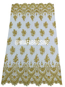 Floral Cluster Beaded Fabric - Gold - Embroidered Fancy Fashion Design Beads and Sequins Sold by yard