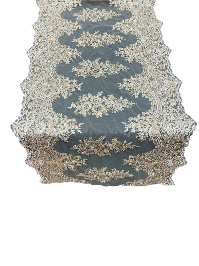 21" Wide Floral Metallic Pattern Lace Table Runner - Gold - Metallic Table Runner Sold By Yard