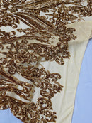 Big Damask Sequins - Gold - Damask Sequin Design on 4 Way Stretch Fabric By Yard