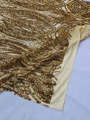 Long Wavy Line Design Sequins -  Gold - 4 Way Stretch Sequin Design on Mesh Fabric By Yard