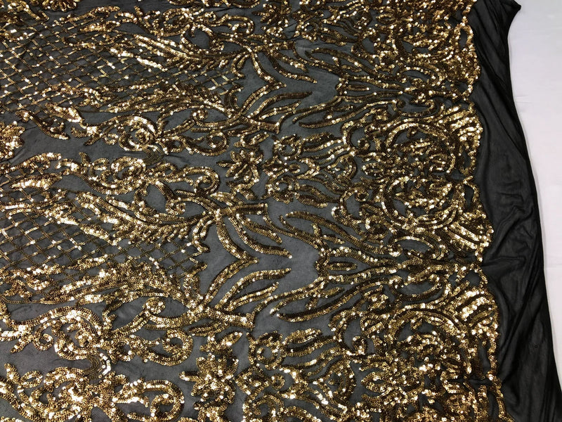 4 Way Stretch Fabric Design - Gold on Black - Fancy Net Sequins Design Fabric By Yard