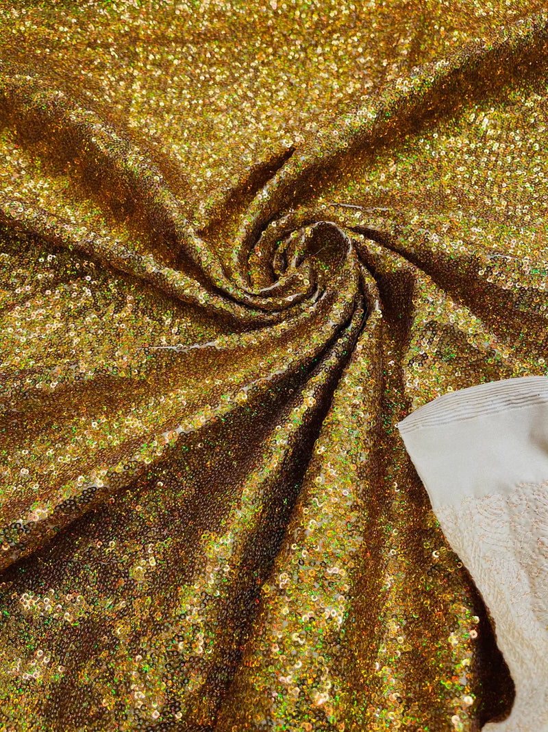 Milliskin Mini Glitz Sequins - Gold Holographic - 4 Way Stretch Milliskin Stretch Spandex Fabric Sold By Yard