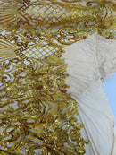 Damask Geometric Sequins - Gold - 4 Way Stretch Sequins Design Sold By Yard