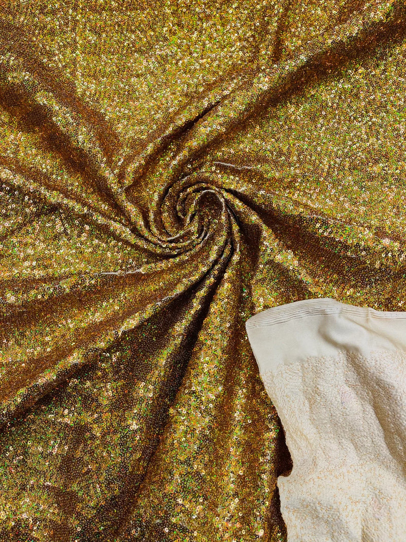 Milliskin Mini Glitz Sequins - Gold Holographic - 4 Way Stretch Milliskin Stretch Spandex Fabric Sold By Yard