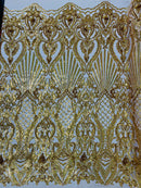 Damask Geometric Sequins - Gold - 4 Way Stretch Sequins Design Sold By Yard