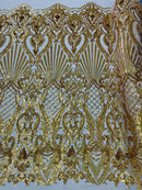 Damask Geometric Sequins - Gold - 4 Way Stretch Sequins Design Sold By Yard