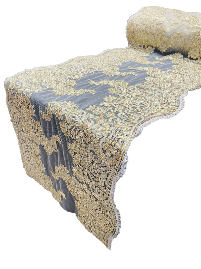 14" Metallic Floral Pattern Lace Table Runner - Gold / Ivory - Floral Table Runner for Event Decoration