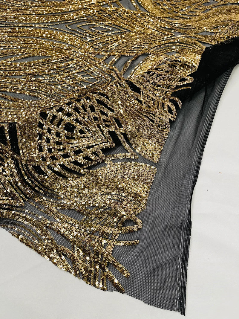 Long Wavy Line Design Sequins - Gold on Black - 4 Way Stretch Sequin Design on Mesh Fabric By Yard