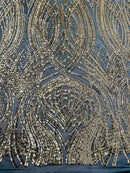 Long Wavy Line Design Sequins - Gold on Black - 4 Way Stretch Sequin Design on Mesh Fabric By Yard