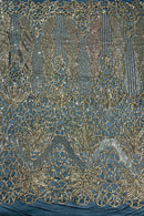 Floral Star Leaf Design - Gold on Black - 4 Way Stretch Sequin Floral Design on Mesh By Yard