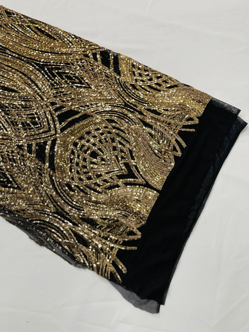 Long Wavy Line Design Sequins - Gold on Black - 4 Way Stretch Sequin Design on Mesh Fabric By Yard