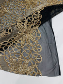 Floral Star Leaf Design - Gold on Black - 4 Way Stretch Sequin Floral Design on Mesh By Yard