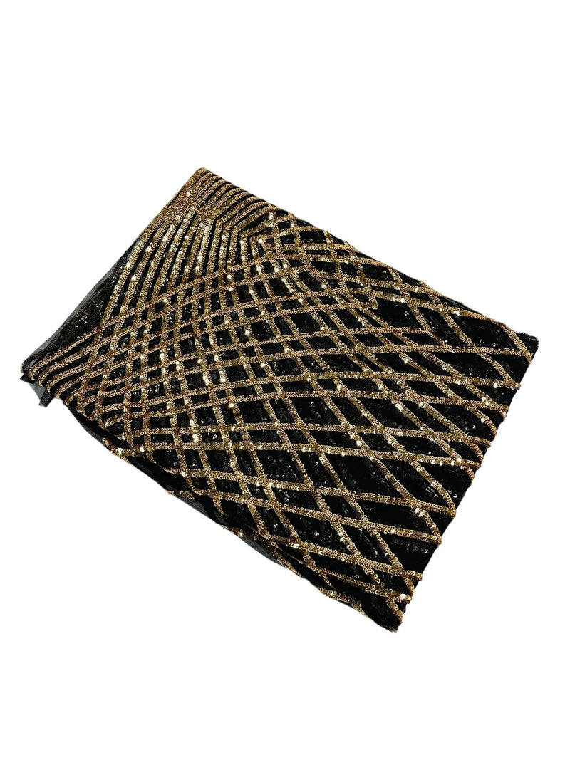 Diamond Geometric Sequins - Gold on Black - 2 Way Stretch Lace Geometric Fabric Sold By Yard