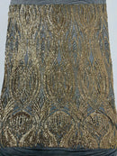 Long Wavy Line Design Sequins - Gold on Black - 4 Way Stretch Sequin Design on Mesh Fabric By Yard