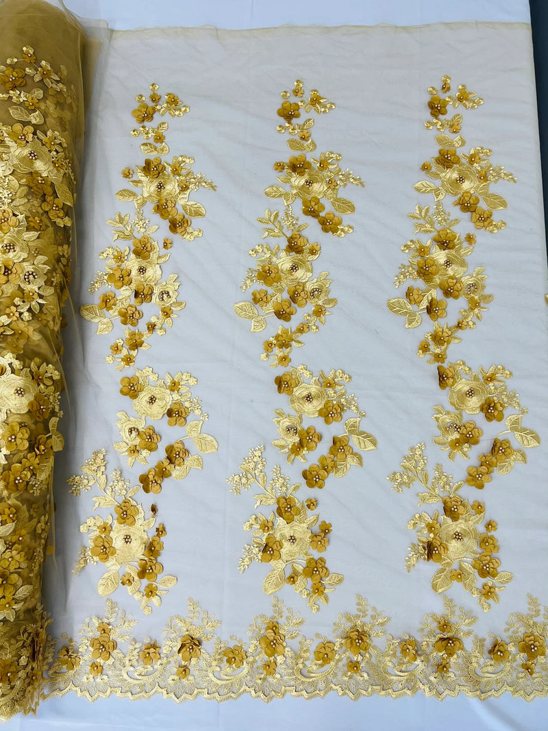 3D Rose Plant Fabric - Gold - Embroidered Flower Design Rose Fabric Sold by Yard