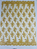 Floral Cluster Lace Fabric - Gold - Embroidered Flowers With Sequins on a Mesh Lace Fabric Sold By Yard