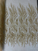 Sea Plant Beaded Fabric - Gold - Beaded Embroidered Sea Plant Design Fabric by Yar