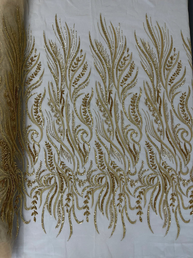 Sea Plant Beaded Fabric - Gold - Beaded Embroidered Sea Plant Design Fabric by Yar