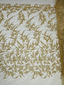 Plant Cluster Fabric - Gold - Beaded Embroidered Leaf Plant Design on Lace Mesh By Yard