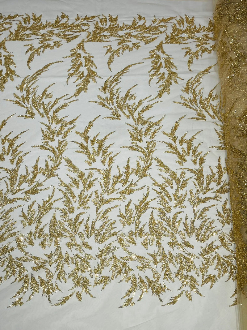 Plant Cluster Fabric - Gold - Beaded Embroidered Leaf Plant Design on Lace Mesh By Yard