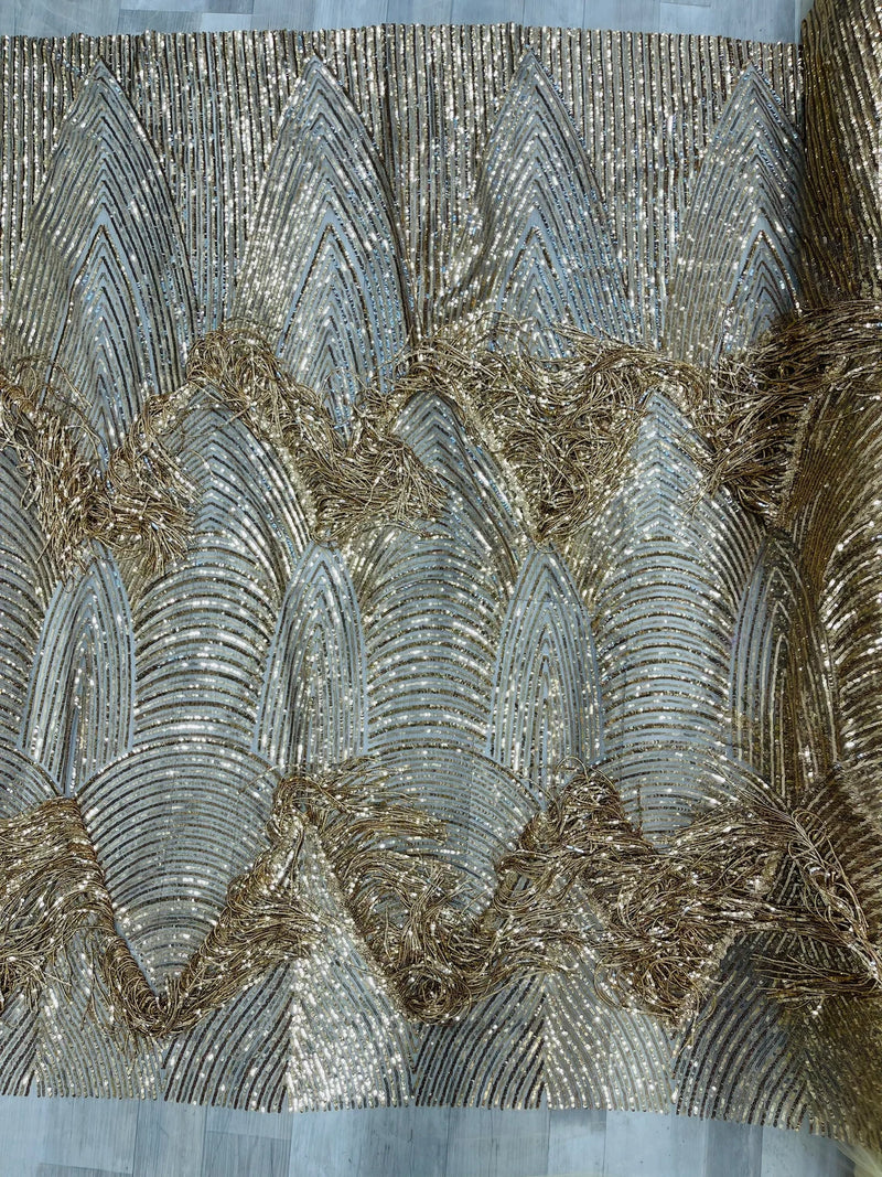 Fringe Sequins Fabric - Gold - Hanging Sequins 2 Way Stretch Fabric Sold By Yard