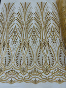 Wedding Beaded Fabric - Gold - Embroidered Fancy Fashion Pattern Fabric Sold By Yard