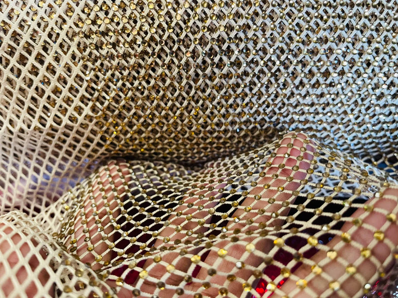 Rhinestone Fish Net Fabric - Gold - Solid Spandex Fish Net Style Fabric with Rhinestones by Yard