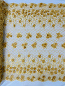3D Triangle Floral Pearl Fabric - Gold - 3D Embroidered Floral Design on Lace Mesh By Yard