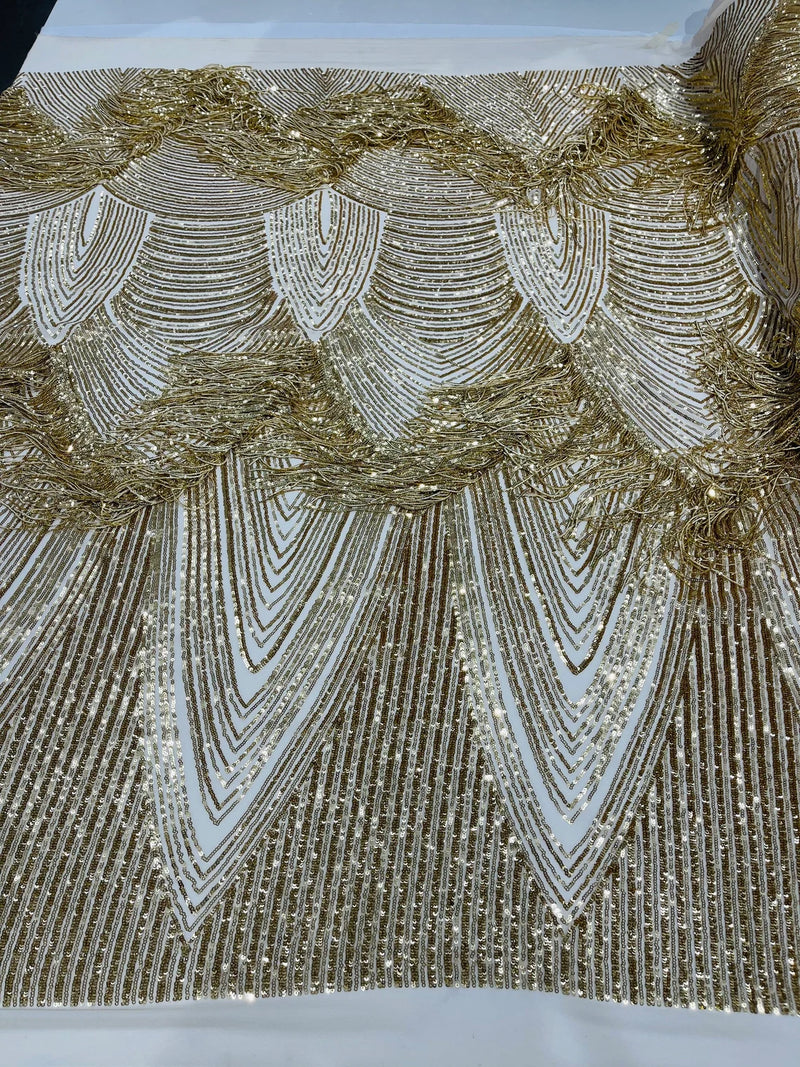 Fringe Sequins Design - Gold - Fringe Design Embroidered on a  4 Way Stretch Lace Mesh (Pick A Size)