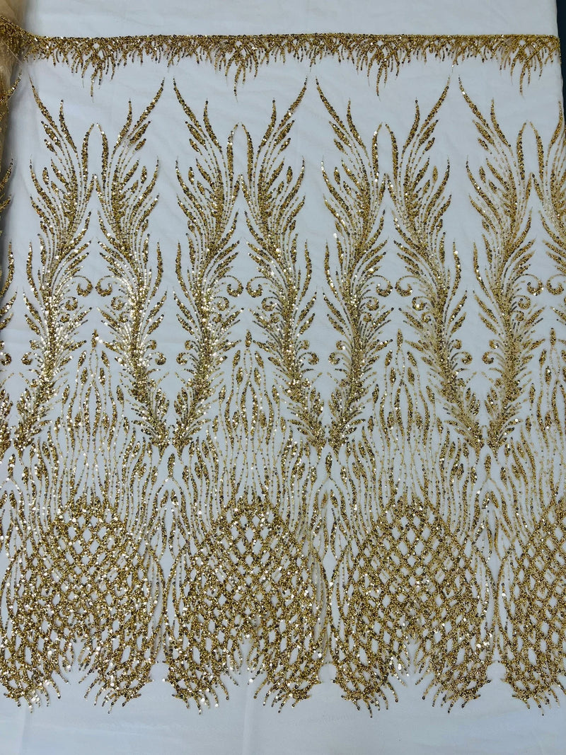 Beaded Embroidered Fabric - Gold - Embroidered Heart and Feather Pattern Fabric Sold By Yard