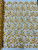Small Flower Plant Fabric - Gold - Floral Embroidered Design on Lace Mesh By Yard