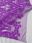 Big Damask Sequins - Grape - Damask Sequin Design on 4 Way Stretch Fabric By Yard