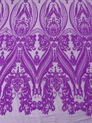 Big Damask Sequins - Grape - Damask Sequin Design on 4 Way Stretch Fabric By Yard