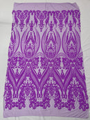 Big Damask Sequins - Grape - Damask Sequin Design on 4 Way Stretch Fabric By Yard