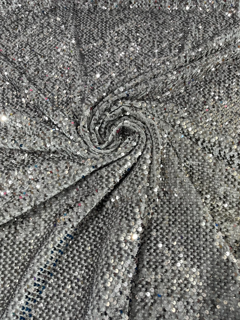 58/60" Velvet Sequins Stretch Fabric - Gray - Velvet Sequins 2 Way Stretch Sold By Yard
