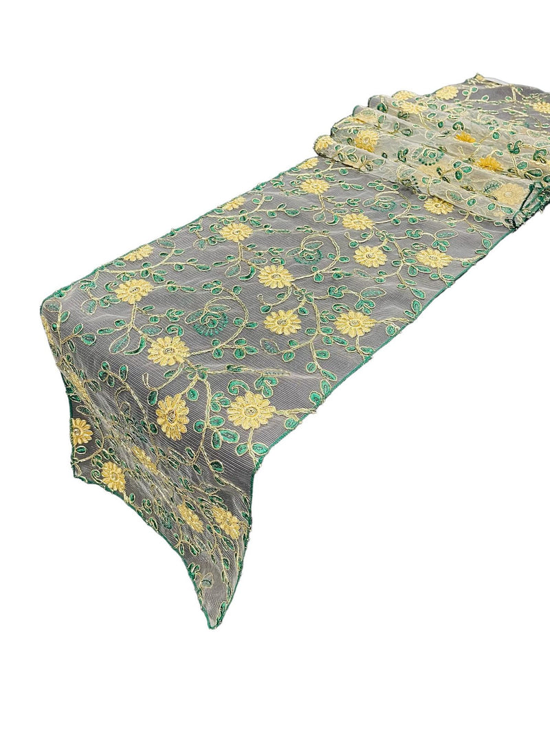 12" x 90" Metallic Floral Table Runner - Gold / Green - Floral Table Runners for Event Decoration