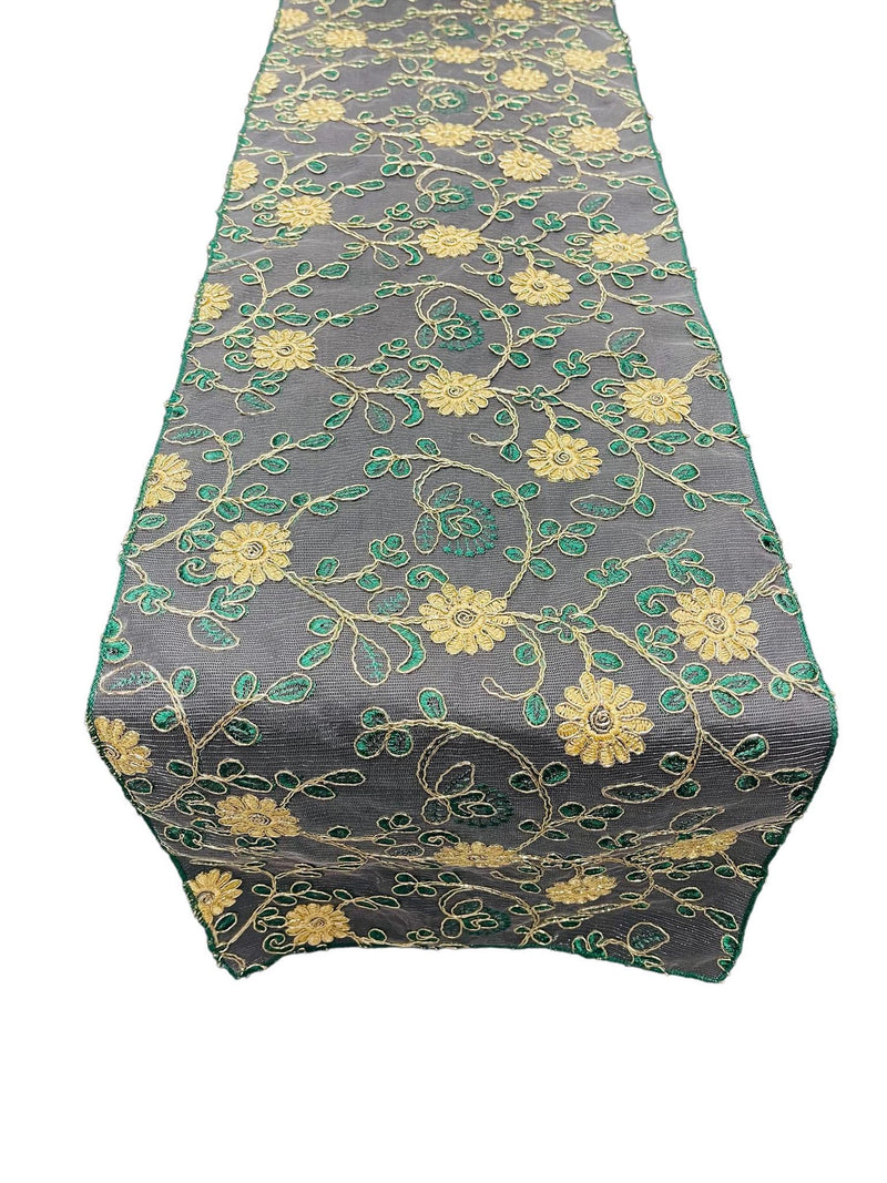 12" x 90" Metallic Floral Table Runner - Gold / Green - Floral Table Runners for Event Decoration
