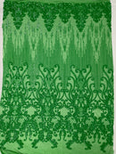 Fancy Damask Line Sequin - Green - 4 Way Stretch Sequins Damask Design Fabric Yard