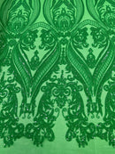 Green Big Damask Sequin Fabric on a Mesh 4 Way Stretch Sequins Fabric Sold By The Yard