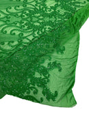 Fancy Damask Line Sequin - Green - 4 Way Stretch Sequins Damask Design Fabric Yard