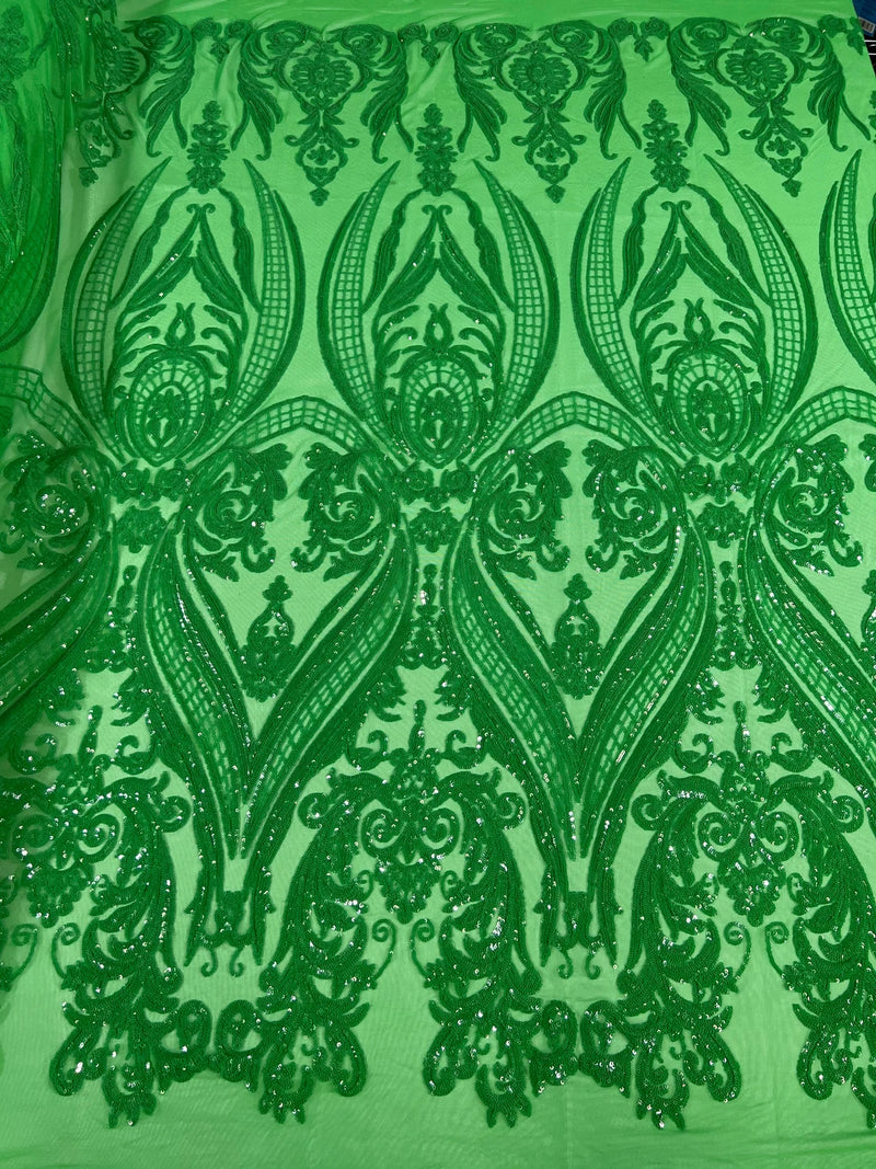 Green Big Damask Sequin Fabric on a Mesh 4 Way Stretch Sequins Fabric Sold By The Yard