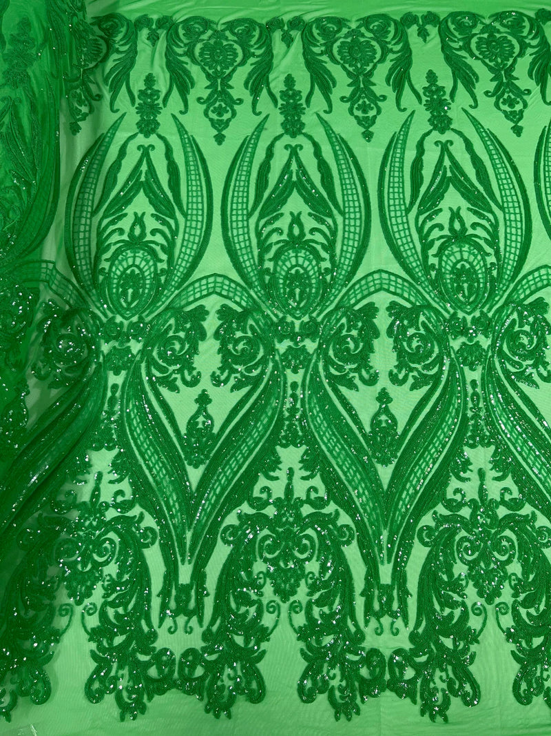 Green Big Damask Sequin Fabric on a Mesh 4 Way Stretch Sequins Fabric Sold By The Yard