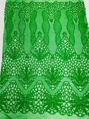 Floral Star Leaf Design - Green - 4 Way Stretch Sequin Floral Design on Mesh By Yard