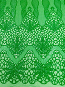 Floral Star Leaf Design - Green - 4 Way Stretch Sequin Floral Design on Mesh By Yard